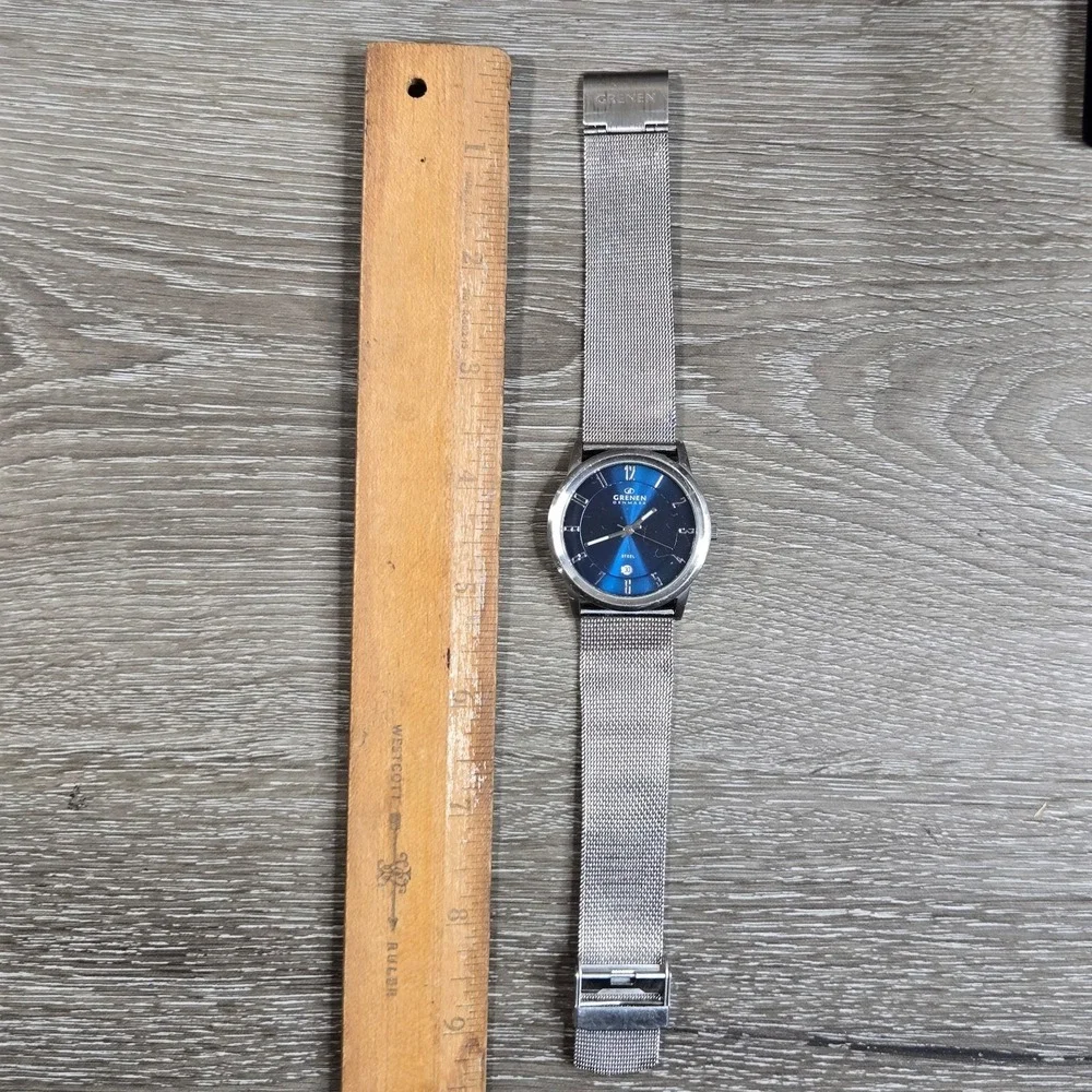 Grenen Denmark Watch Stainless Steel Blue Dial Mesh Band Date Mens M-24XLSSN Gif